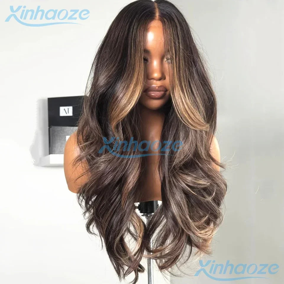 Brown #4/6 Highlight Natural Wavy Glueless 5x5 Silk Top Closure Wigs Human Hair Pre Plucked Remy Brazilian 360/Full Lace Wigs