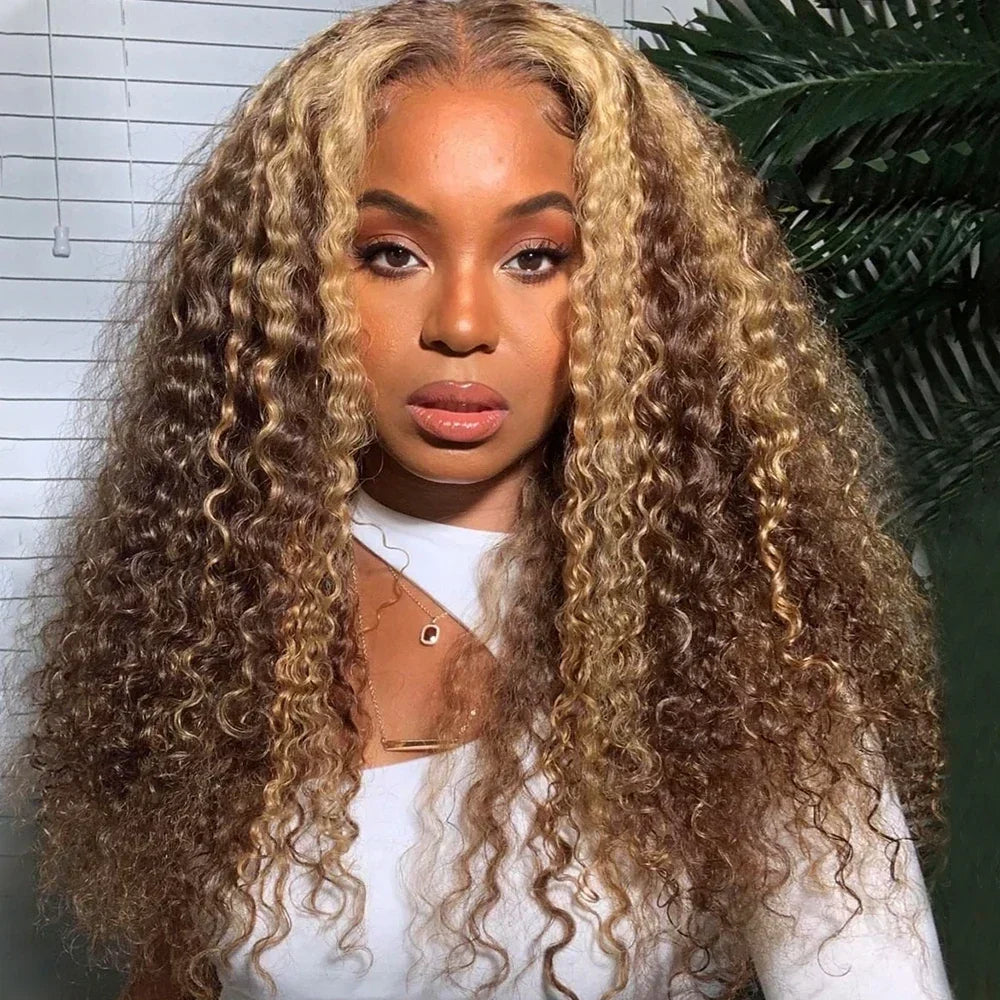 Ishow Kinky Curly Highlight Wig Human Hair Transparent 13x4 Lace Front Human Hair Wigs Pre Plucked P4 27 Colored Wig