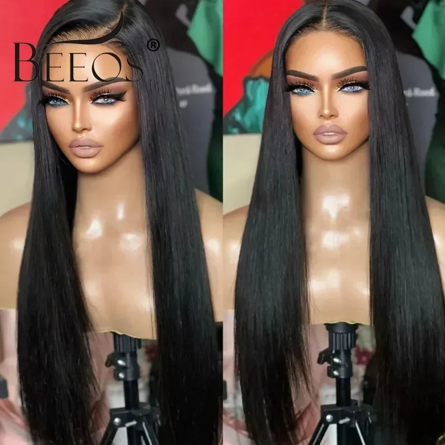 Yaki Straight Invisi-Drawstring 360 HD Lace Frontal Human Hair Wigs Glueless Lace Front Wig 250% Density Natural Color 32 Inches
