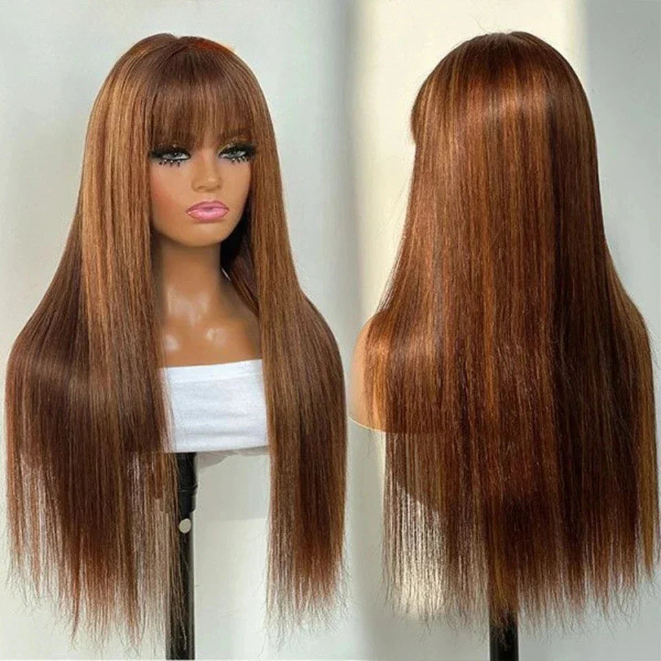 Highlight P4/30/27 100% Human Hair Wigs Straight With Bangs Fringe Malaysia Straight Human Hair Wigs Full Machine Made Wigs