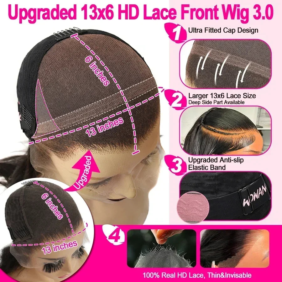Wow Angel Deep Wave 13x6 HD Lace Frontal Wigs 250% Jet Black HD Lace Front Human Hair Wigs Skinlike Natural Hairline Remy hair