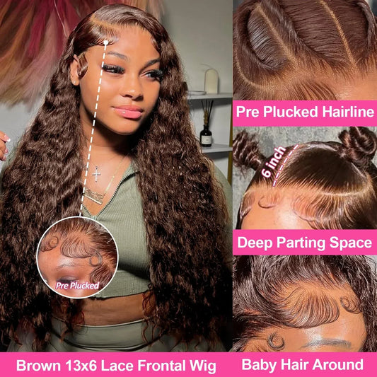 13x4 Chocolate Brown Water Curly Lace Front Wig #4 Colored Human Hair Wigs Pre Plucked Deep Wave 13x6 HD Lace Frontal Wigs 200%