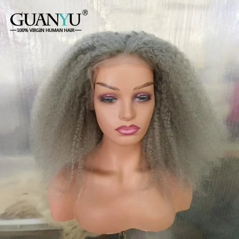 Gray Afro kinky curly Lace Front Wig Human Hair Silver Grey Wigs for Women 13X4 Glueless Lace Frontal Closure Wig Pre Plucked