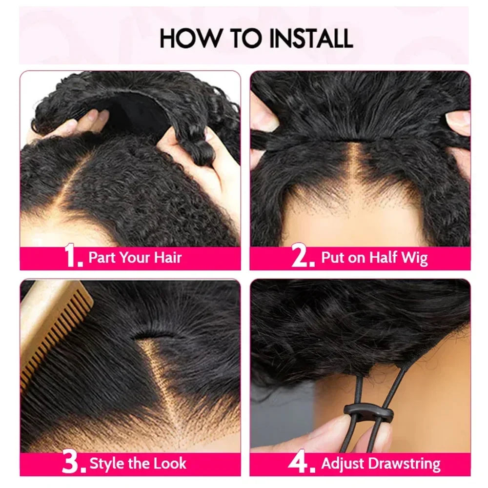 3 IN 1 Half Wig 200% Density Glueless Kinky Curly 100% Human Hair Wigs Invisible Hairline Wear Go With Drawstring Seamless