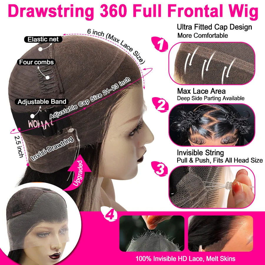 30in Invisi Strap 360 HD Lace Front Wigs Human Hair Straight 13x6 HD Full Lace Frontal Wigs Skins Melted Glueless Drawstring Wig