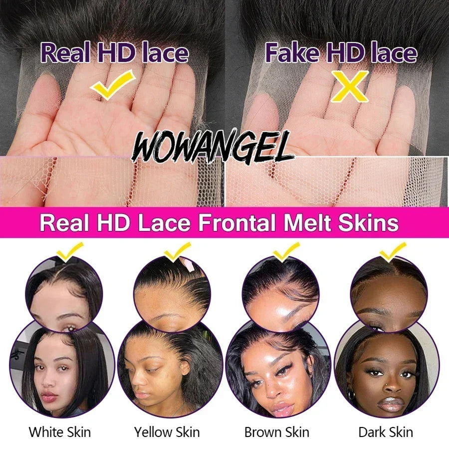 WowAngel 28in 360 HD Lace Front Wigs Straight Full Lace Human Hair Wigs Skins Melted Natural Scalp Remy Brazilian Hair For Women