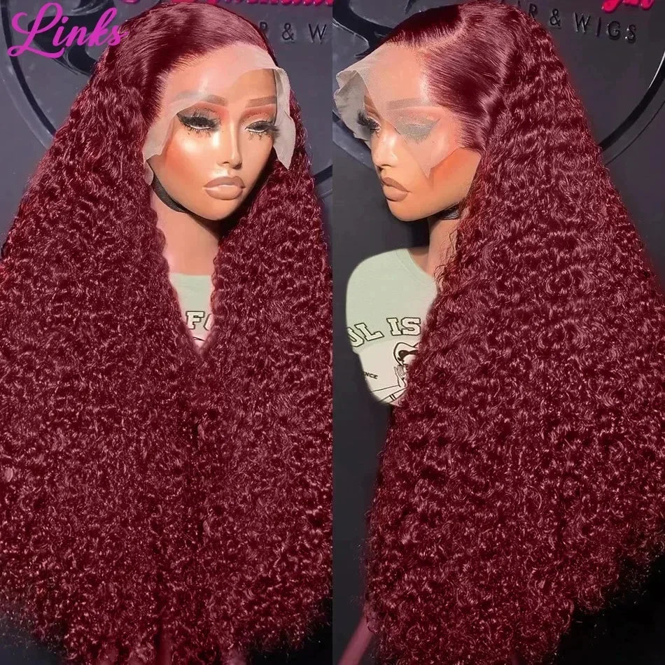 Links 40 Inch 99J Burgundy Deep Wave 13x6 HD Lace Front Wig 250% Red Colored Curly 13x4 Lace Frontal Human Hair Wigs For Women