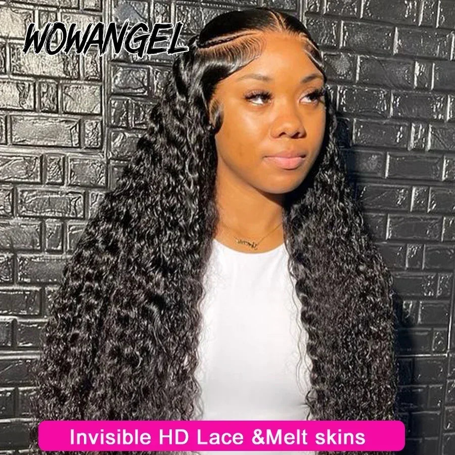 Wow Angel Water Wave HD Full Lace Frontal Wigs 36 inches 250% Human Hair Wigs Brazilian Hair Pre Plucked Glueless Wigs For Women