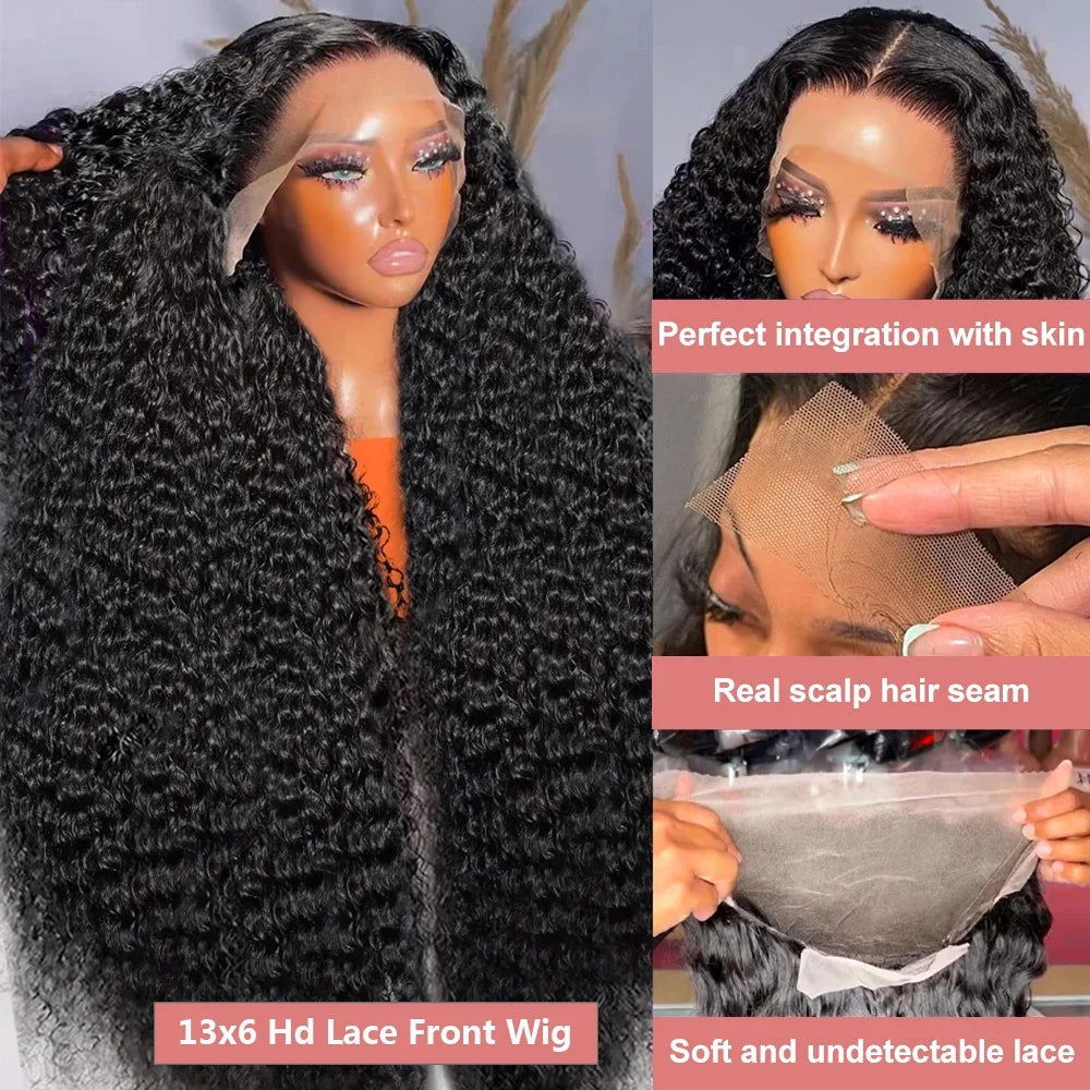 Deep Wave Glueless Wig Human Hair 40 Inch 13x6 Transparent Lace Front Wig 360 Full Lace Wigs For Women Pre cut Kinky Curly Wig