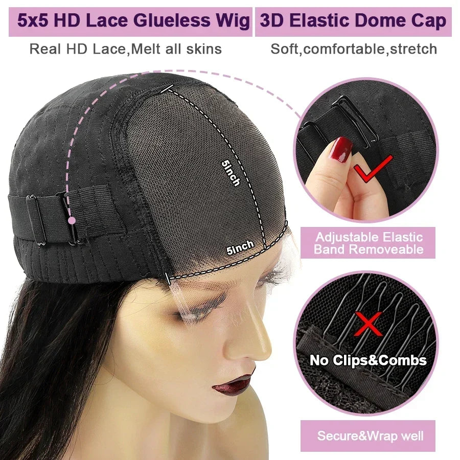 Wow Angel Glueless Wigs 5x5 HD Lace Closure Wigs Silk Straight Melt Skins Deep Part Ready to Go Human Hair Wig Remy For Woman