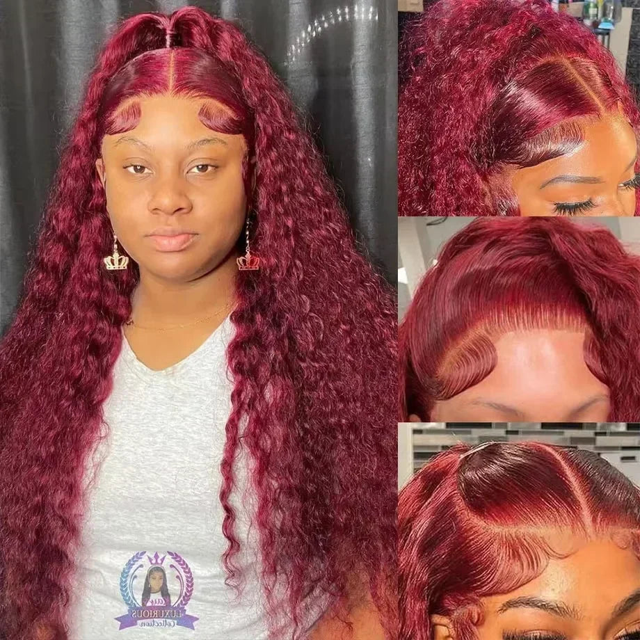 Finros 99J Burgundy 13x6 Hd Deep Wave Lace Frontal Wigs For Women Water Wave 13x4 Transparent Curly Human Hair Wigs Pre Plucked