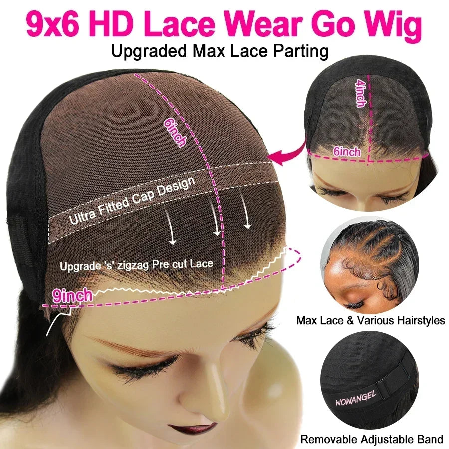 WowAngel 34inches Pre Cut 9x6 HD Lace Closure Wigs Wear To Go Glueless 250% Body Wave Human Hair Wigs Pre Plucked Brazilian Hair