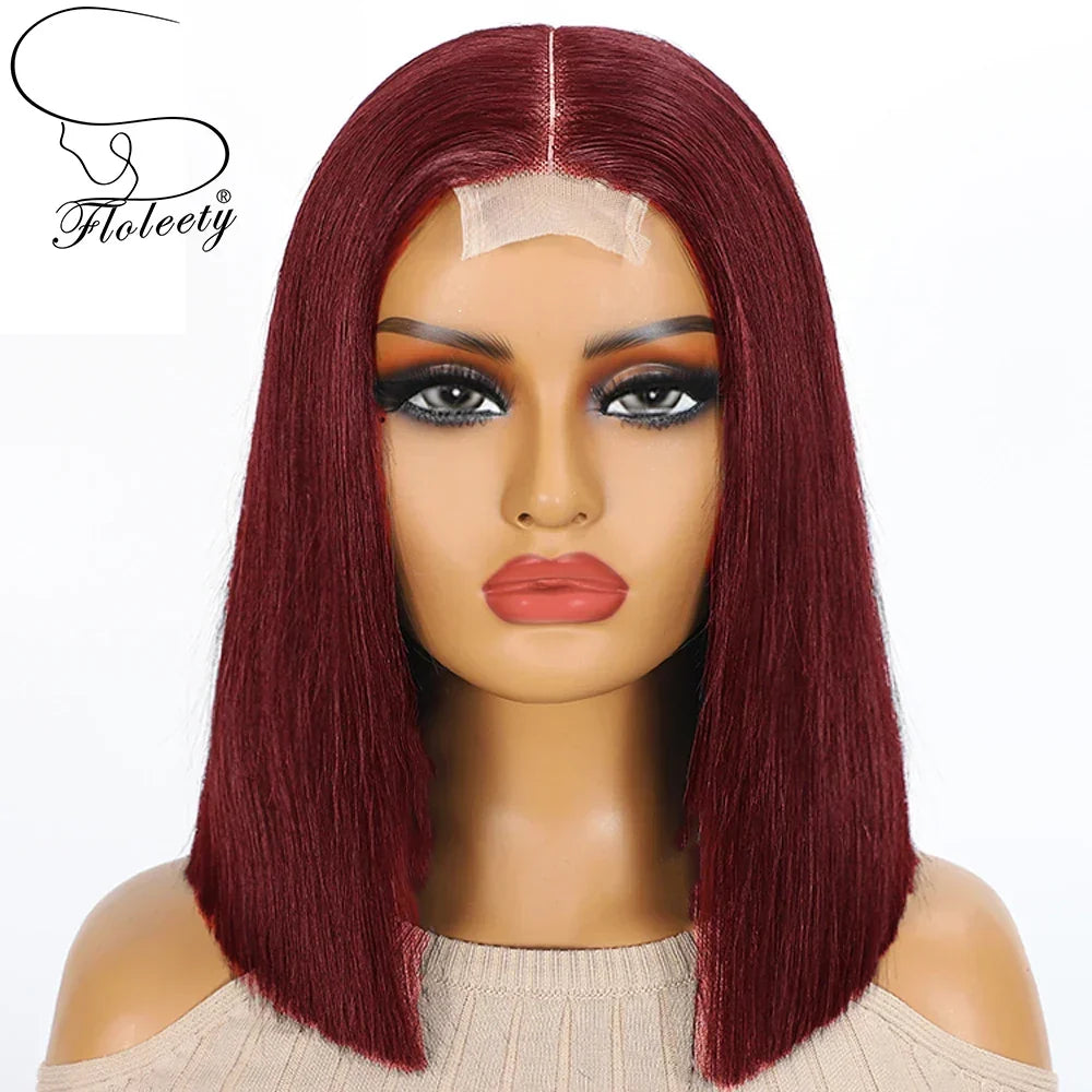 16A 100% Human Hair 99j Super Double Drawn Bone Straight Bob Wigs Human Hair Burgundy 5x5 2x6 Glueless HD Lace Wigs For Women